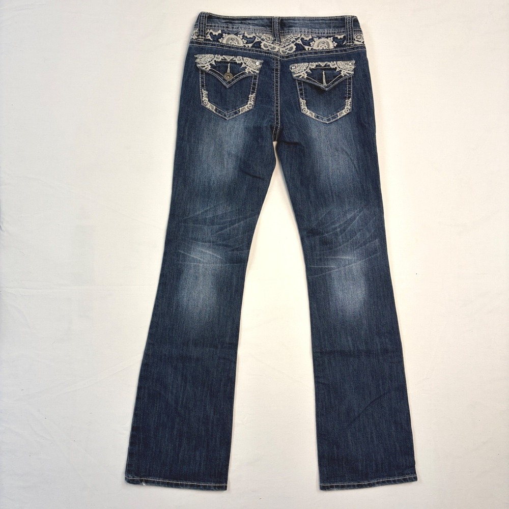 Y2K Bongo Womens Bootcut Jeans Size 9 Dark Wash Thick Stitch Distressed Low Rise